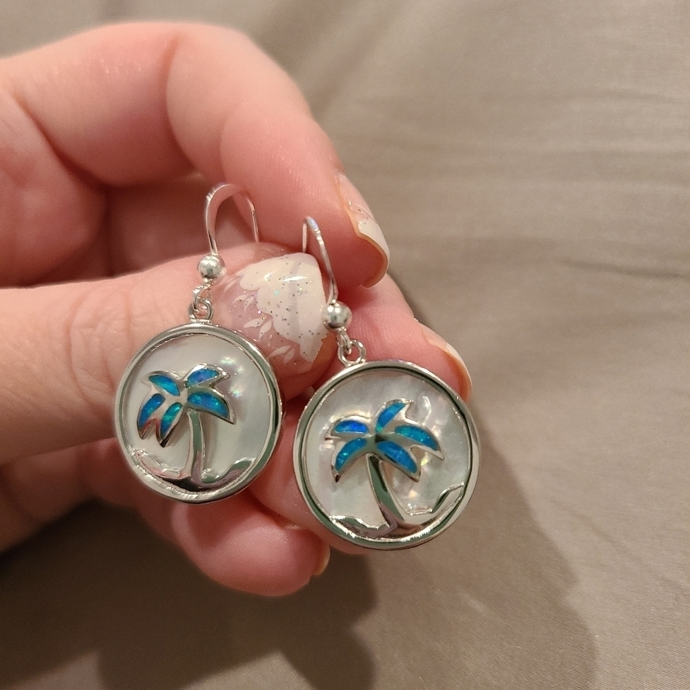 Palm tree opal mother of pearl sterling silver drop earrings